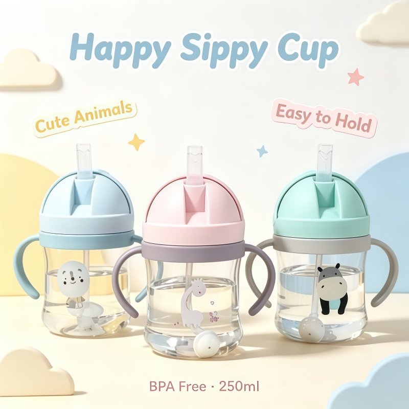 Baby Products Best - Neue Cartoon-Muster Outdoor-Kindertrinkflasche mit Strohhalm, Baby-Trinkbecher,