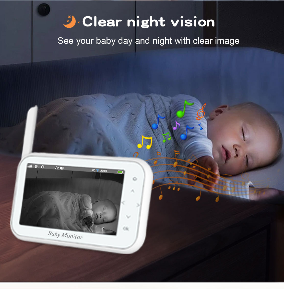 Wireless Baby Monitor - 720P Kabelloser PTZ-Babymonitor mit Temperaturüberwachung, 4,5-Zoll-VOX-Funktion,